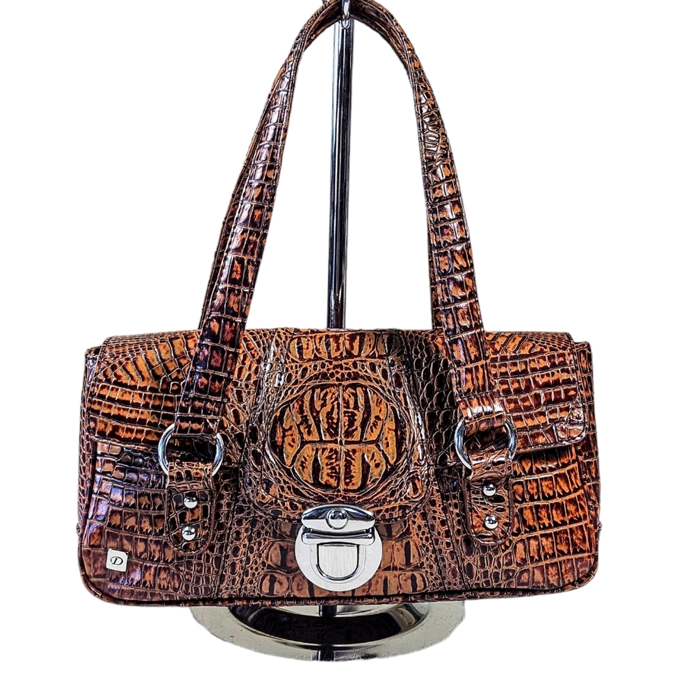 Vintage Diva Collection Croc Embossed Brown Leather Baguette Shoulder Bag Purse